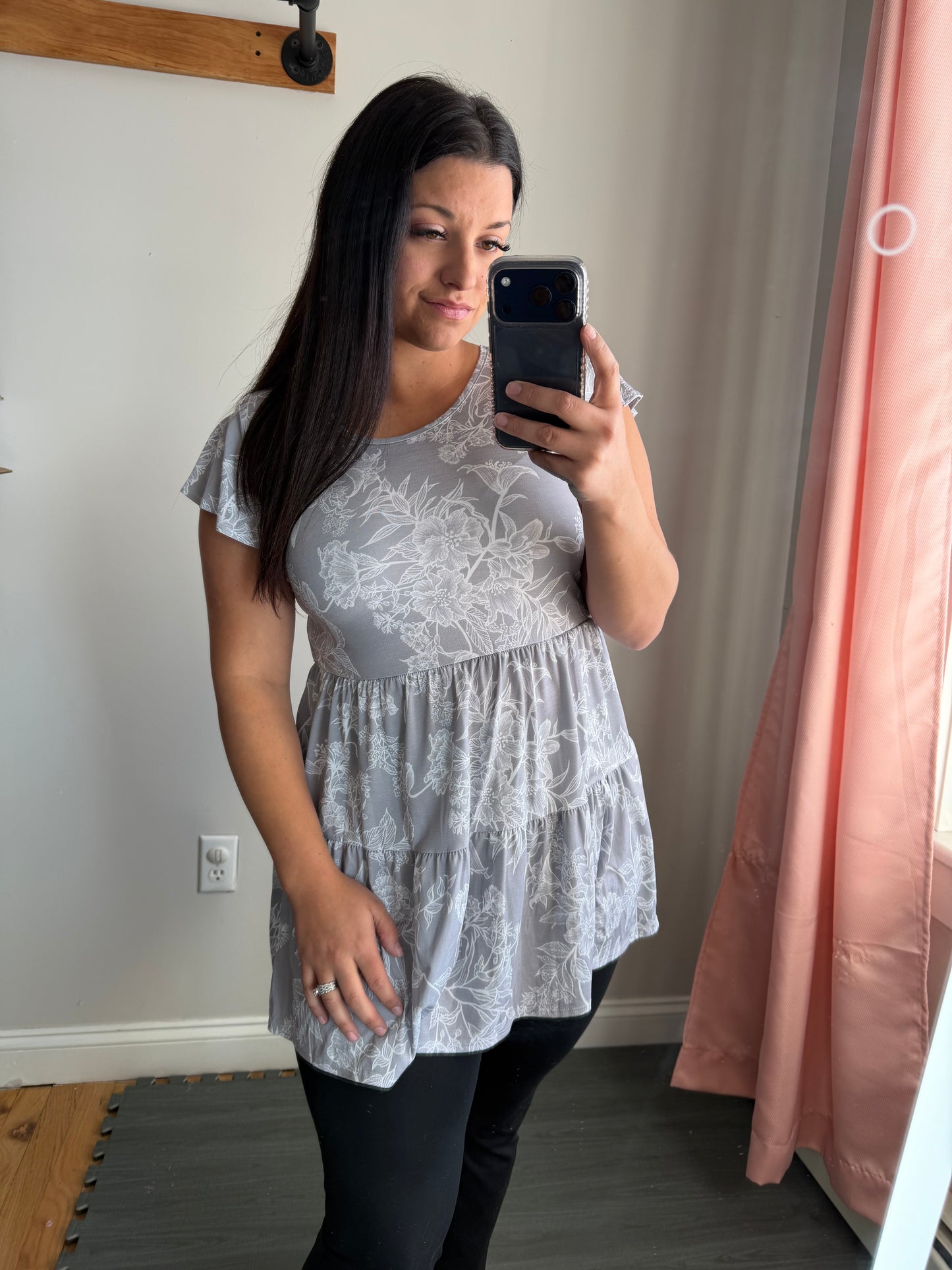 Blue grey flower sketch babydoll tunic