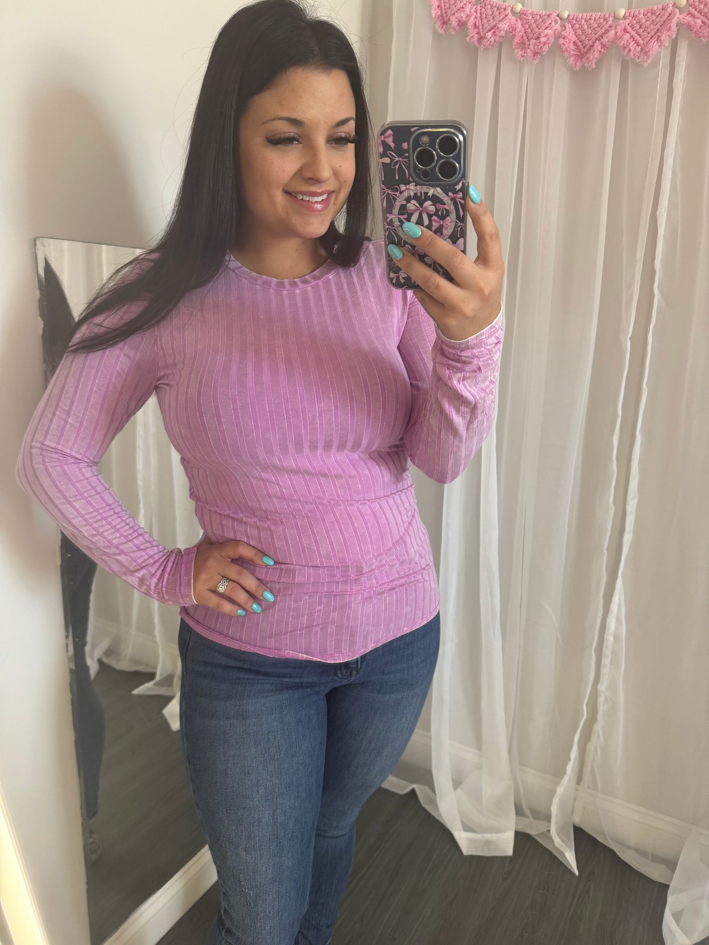 Mauve ribbed washed long sleeve