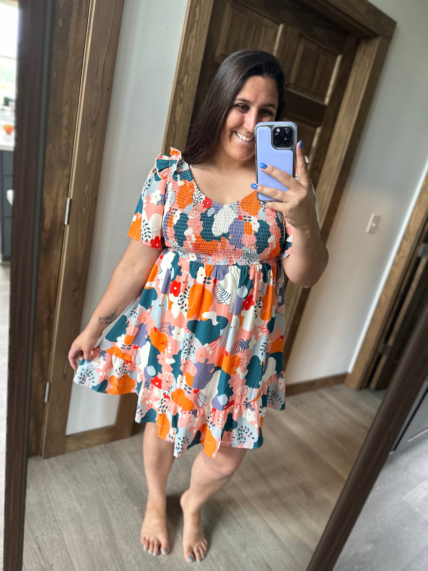Purple/orange/teal Smocked Dress