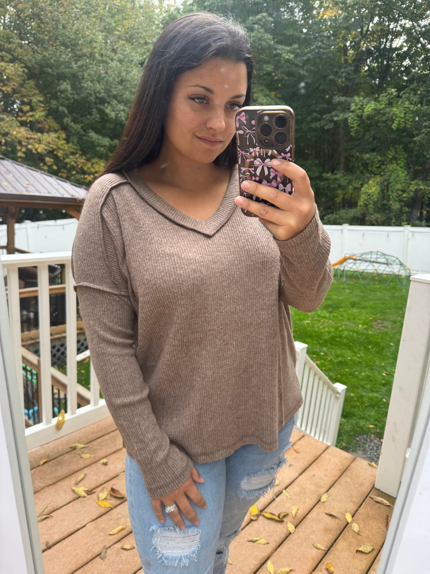 Mocha ribbed V neck sweater