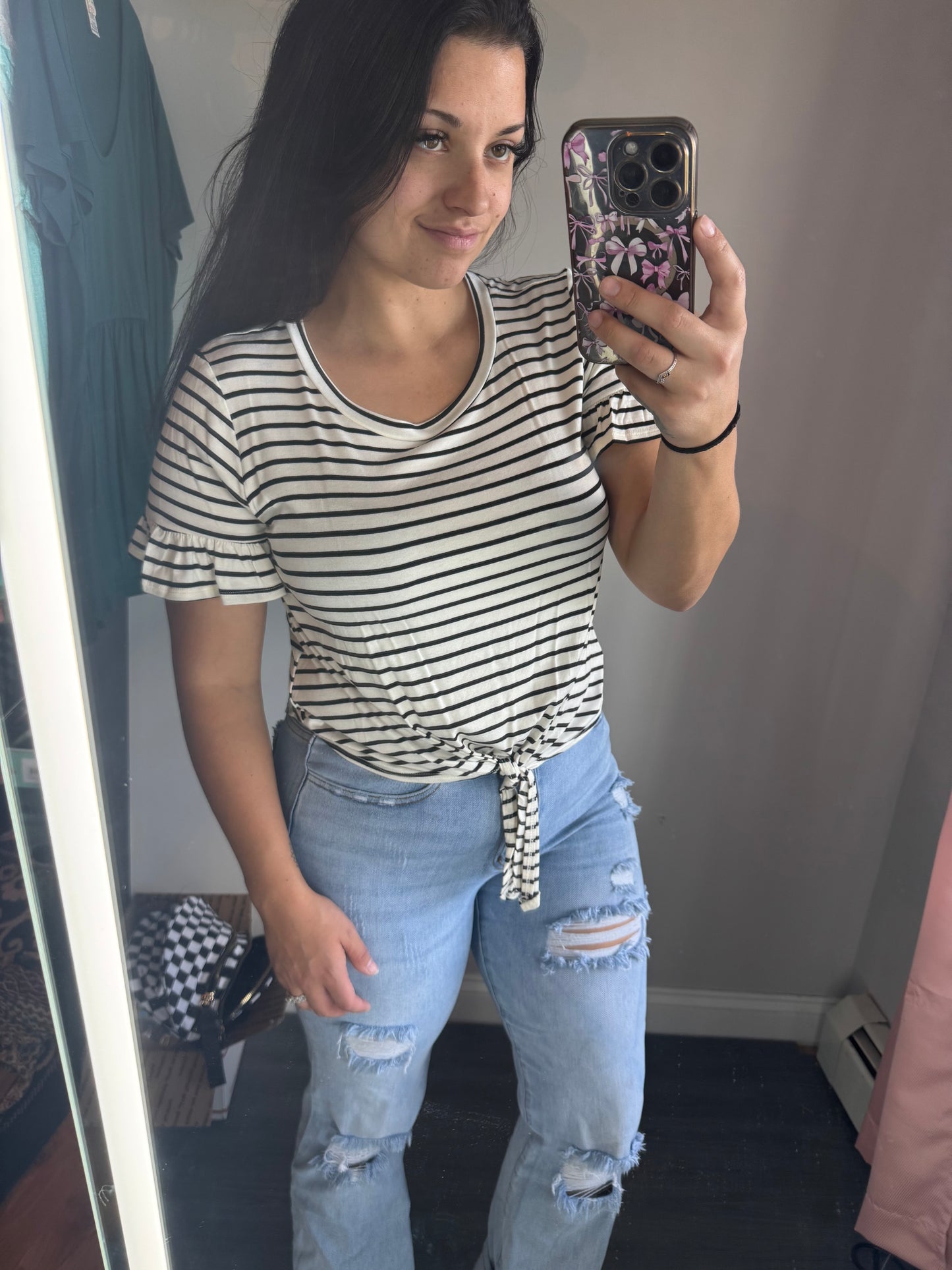 Striped tie ruffle sleeve tee
