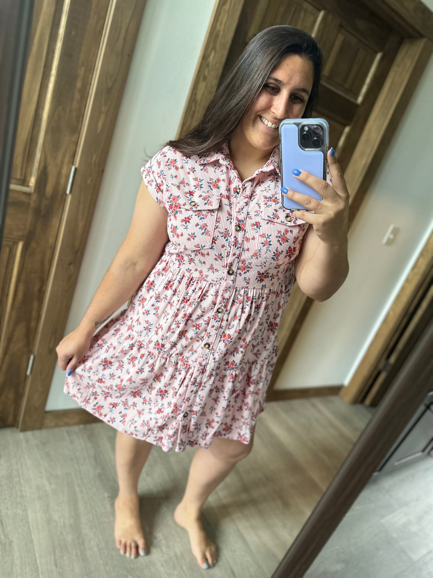 Pink floral button up dress