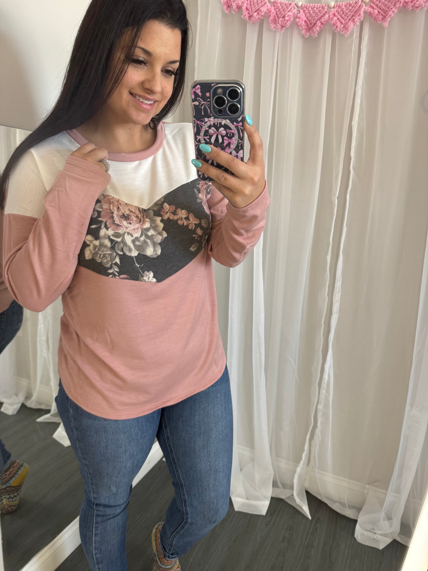 Mauve/charcoal floral colorblock