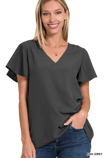 Ash Grey Ruffle Short Sleeve Top