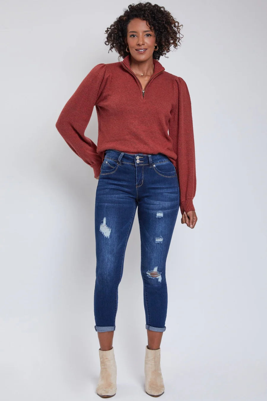 YMI dark wash cuffed ankle jeans