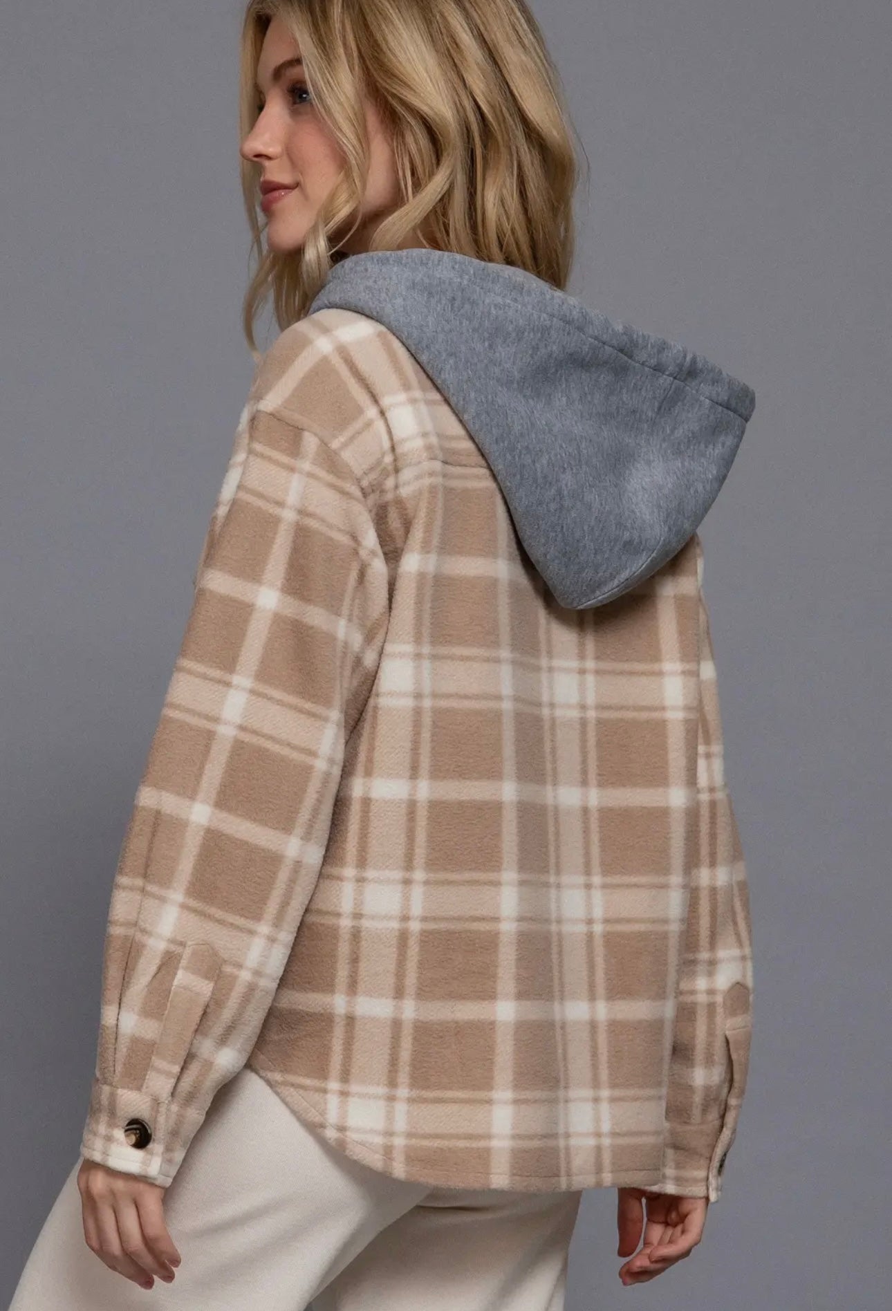 Tan Plaid Hooded Shacket