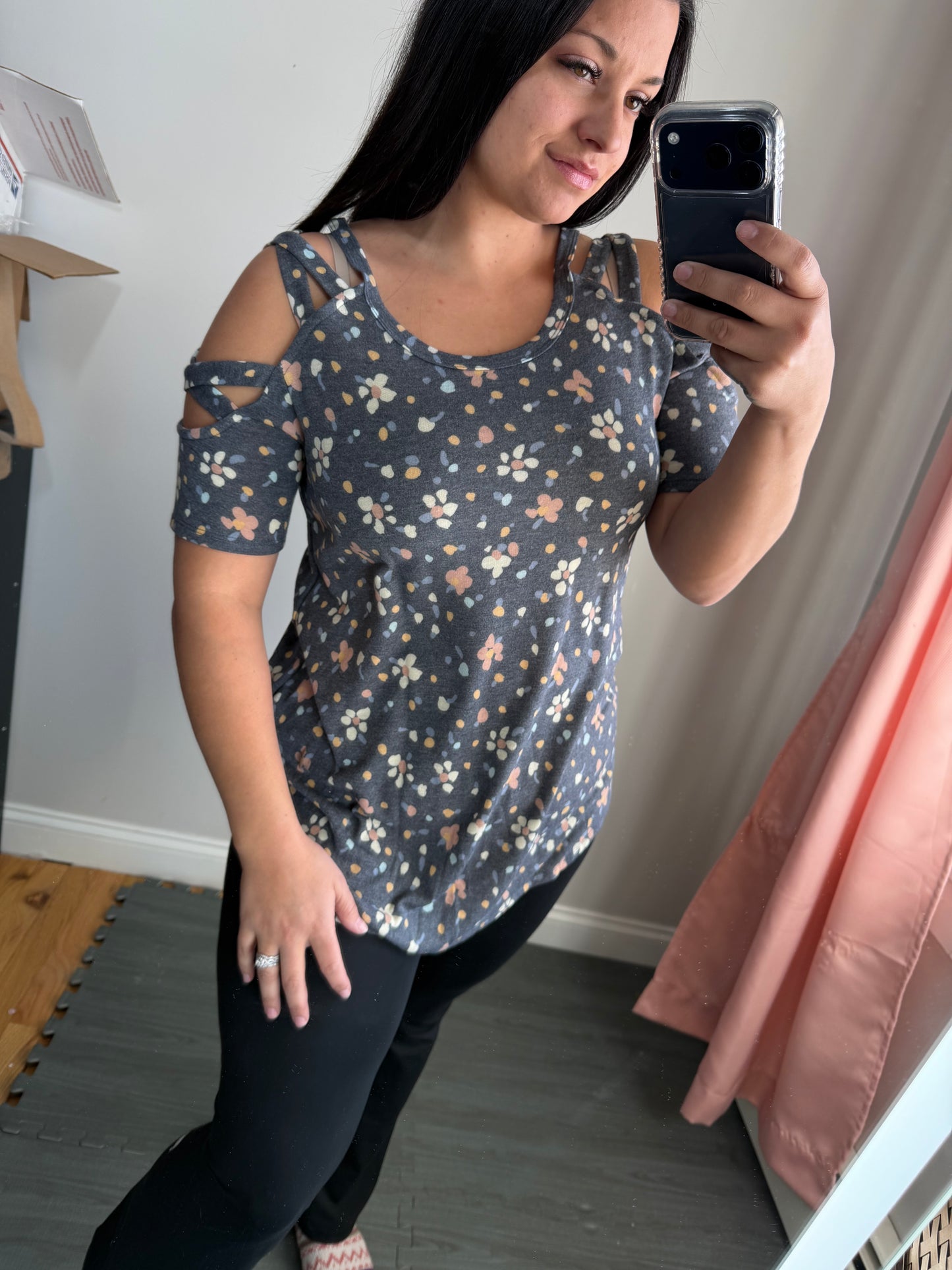 Grey spotted cross shoulder top
