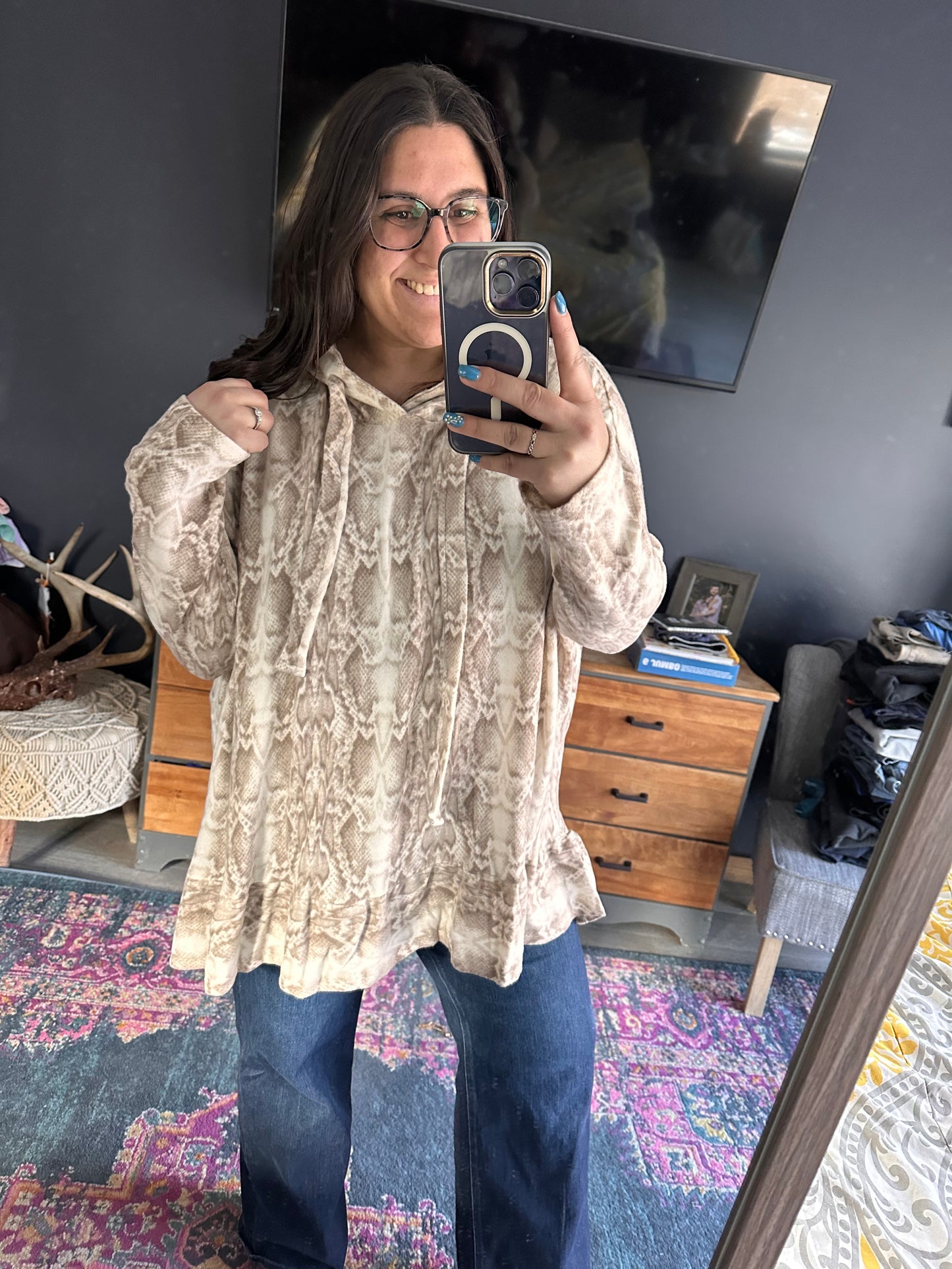 Snake Print Ruffle Hoodie