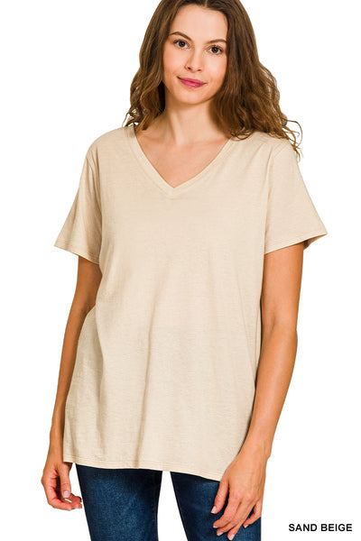 Beige Vneck Cotton Tee