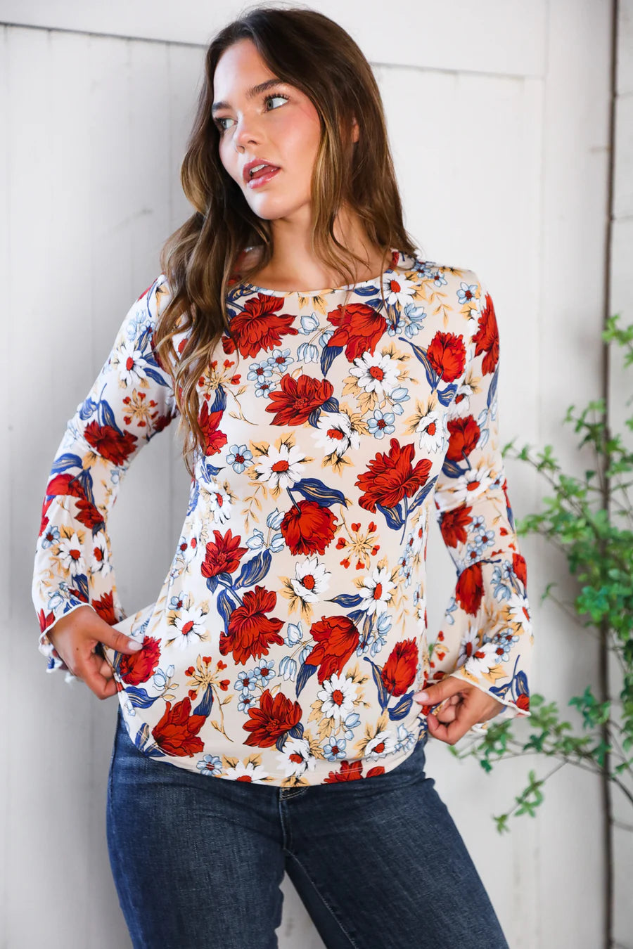 Taupe floral bell sleeve top