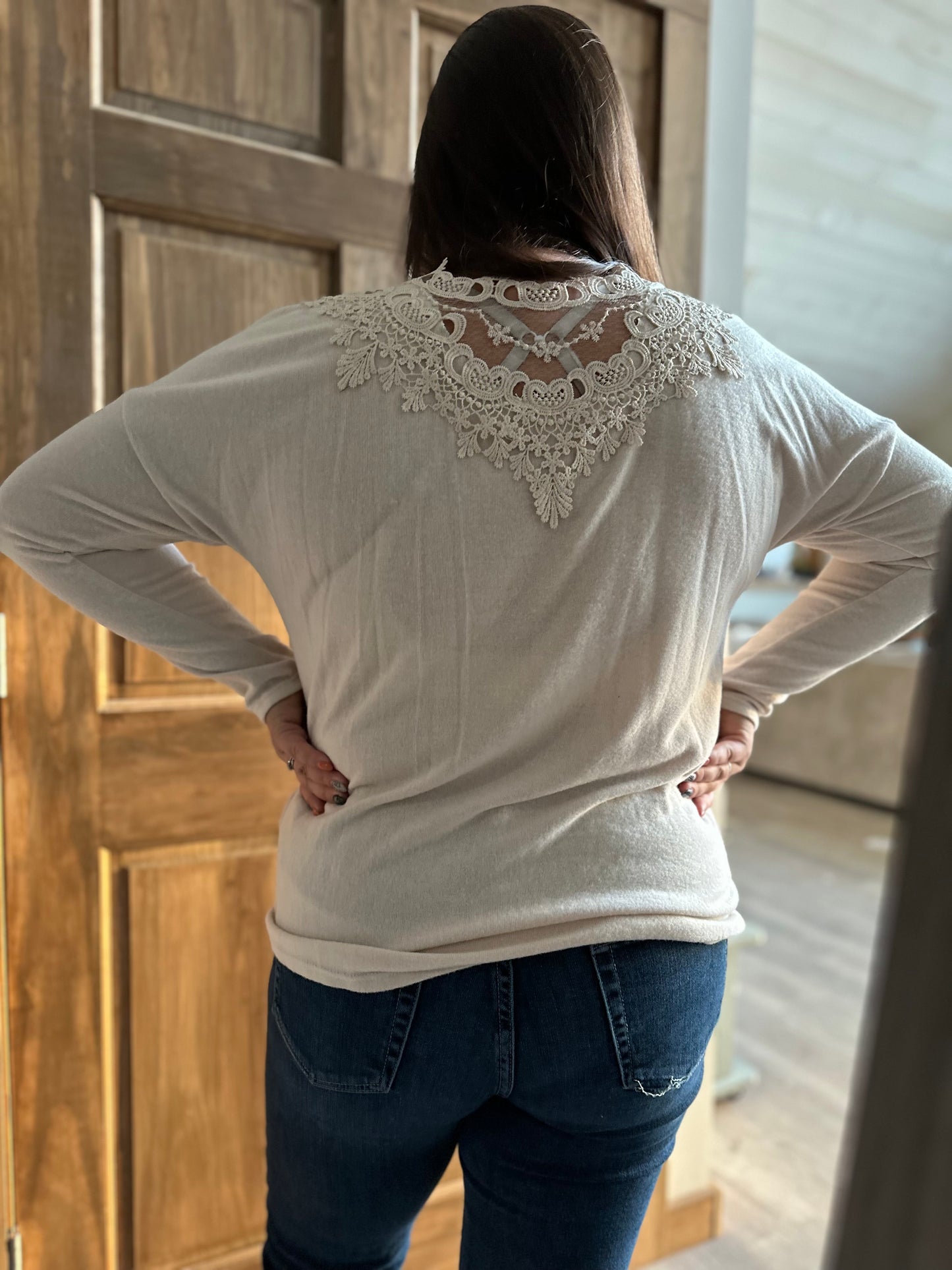 Oatmeal Lace Trim Back Long Sleeve