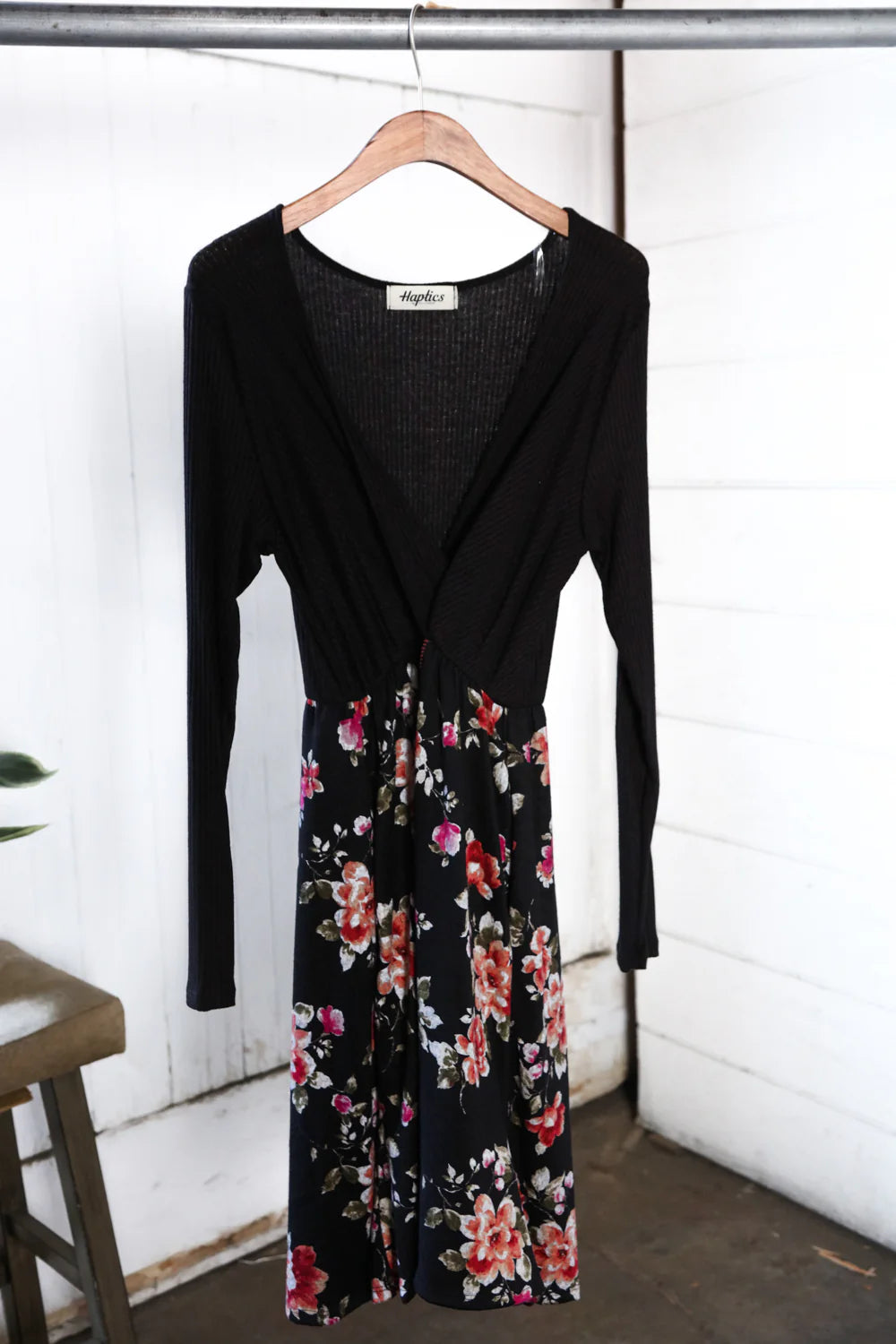 Black floral wrap dress