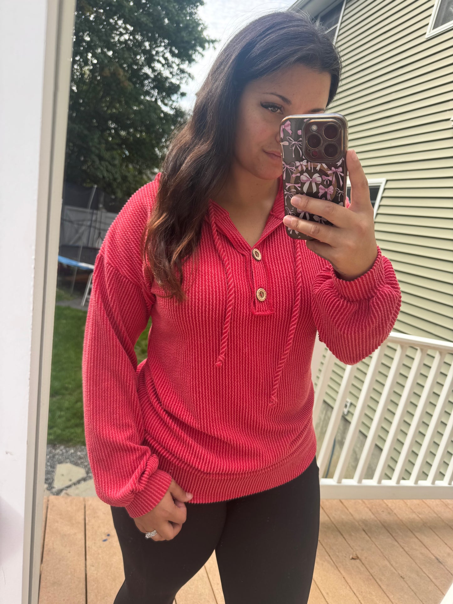 Small red ribbed button hoodie