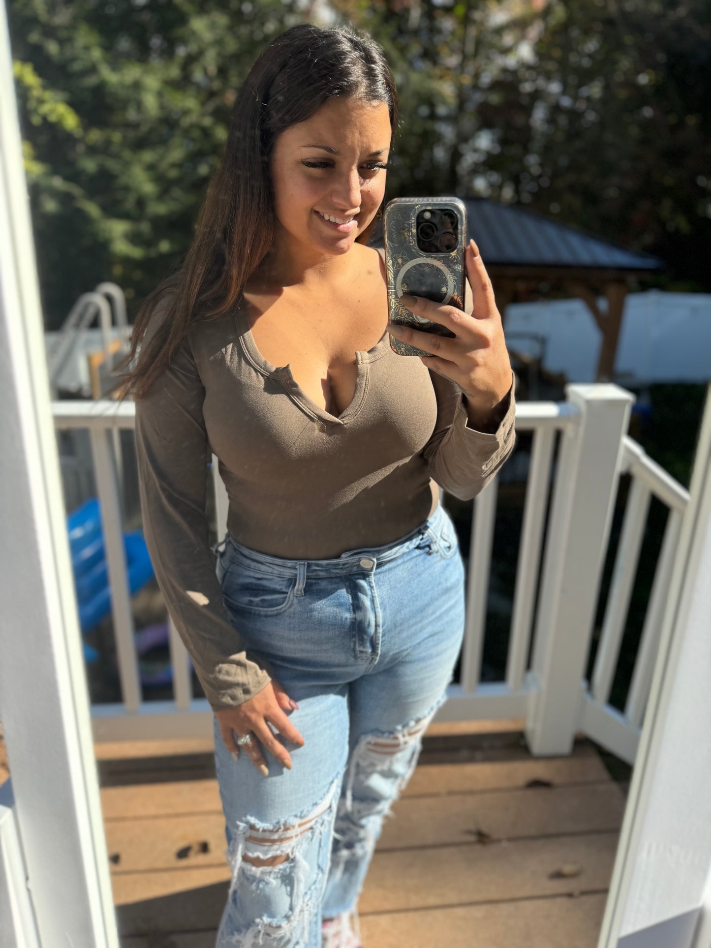 Taupe long sleeve bodysuit
