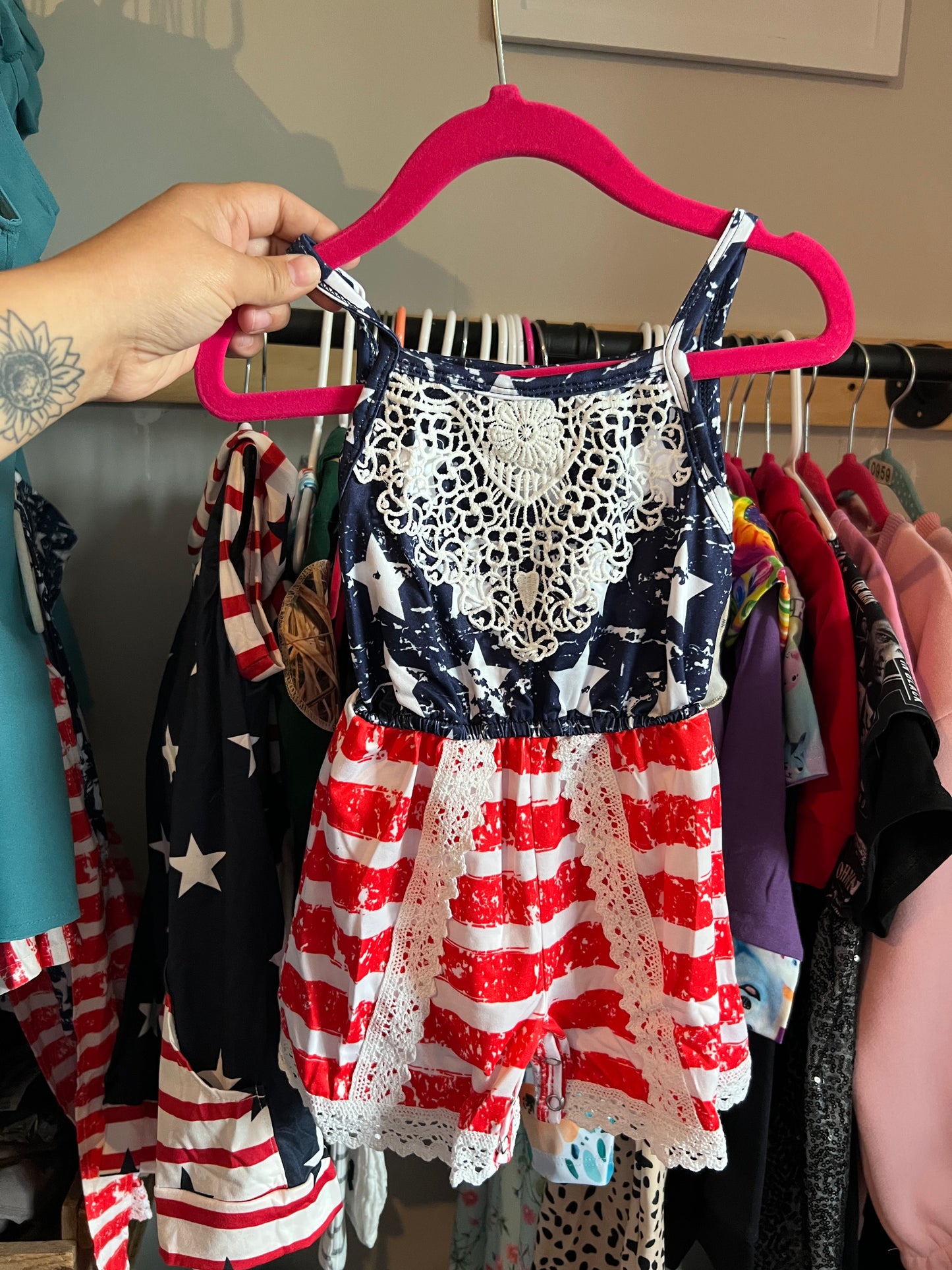 Red white and blue lace romper