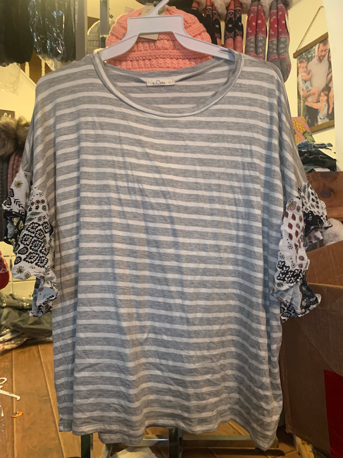 Grey stripe floral ruffle sleeve