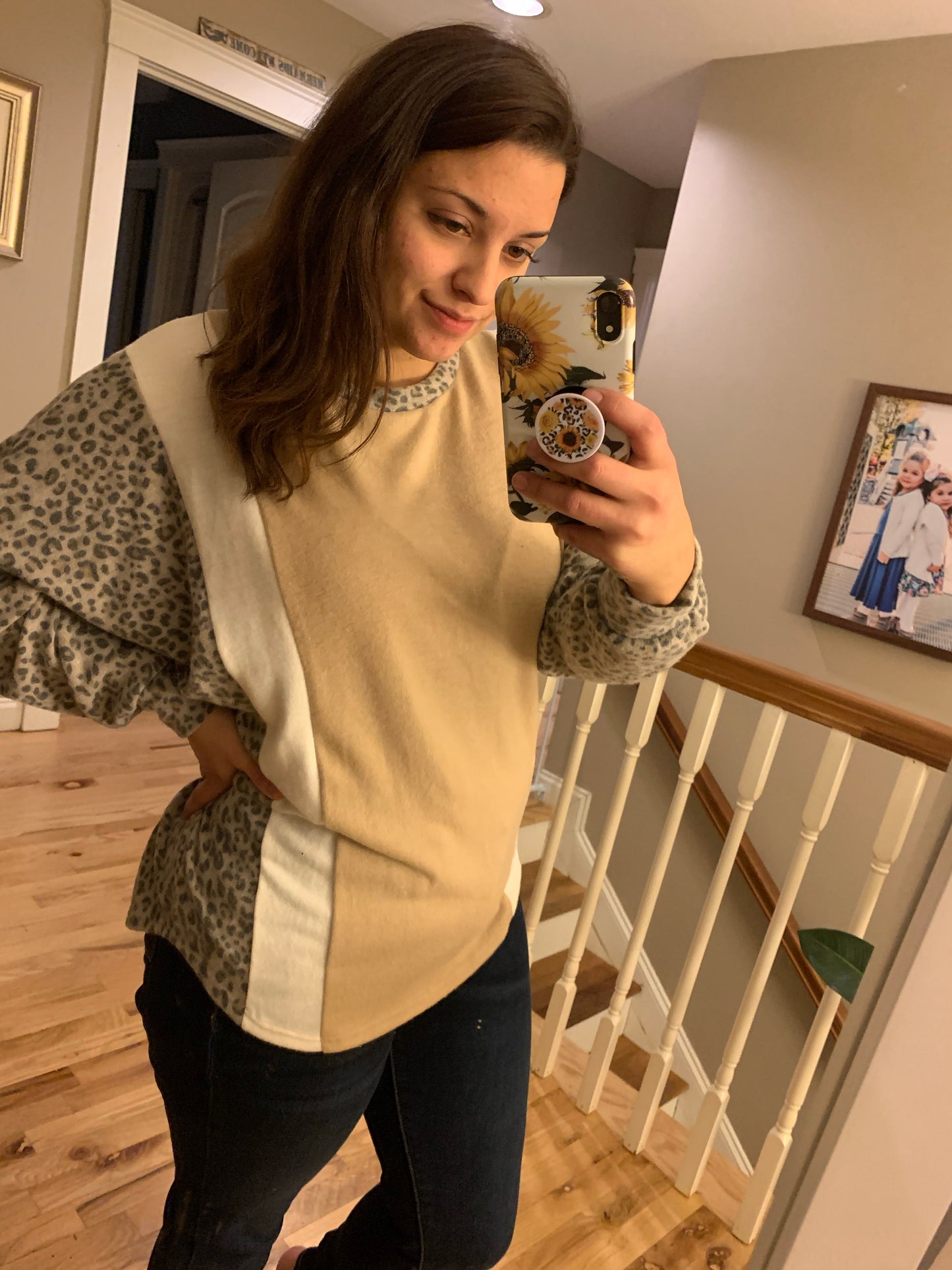 Tan cream leopard sleeve top