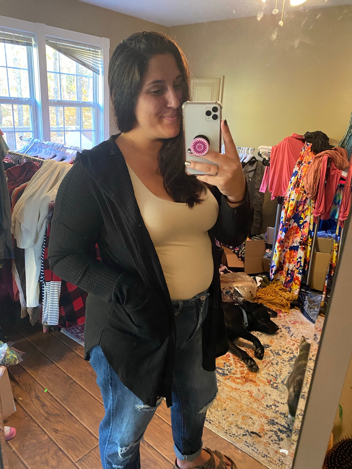 Black waffle hoodie cardigan