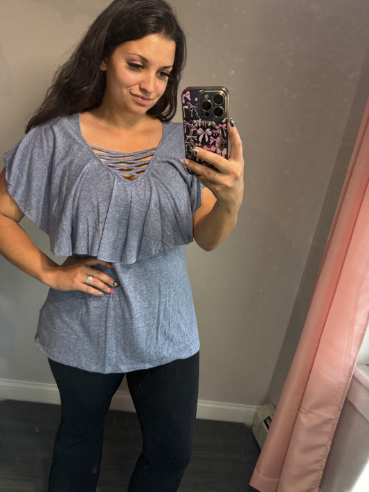 Blue drapey cross neck top