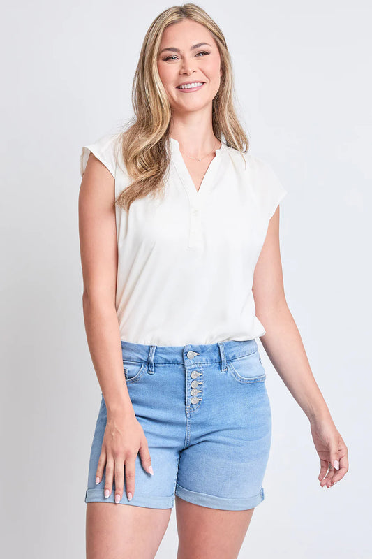 Light wash button fly shorts