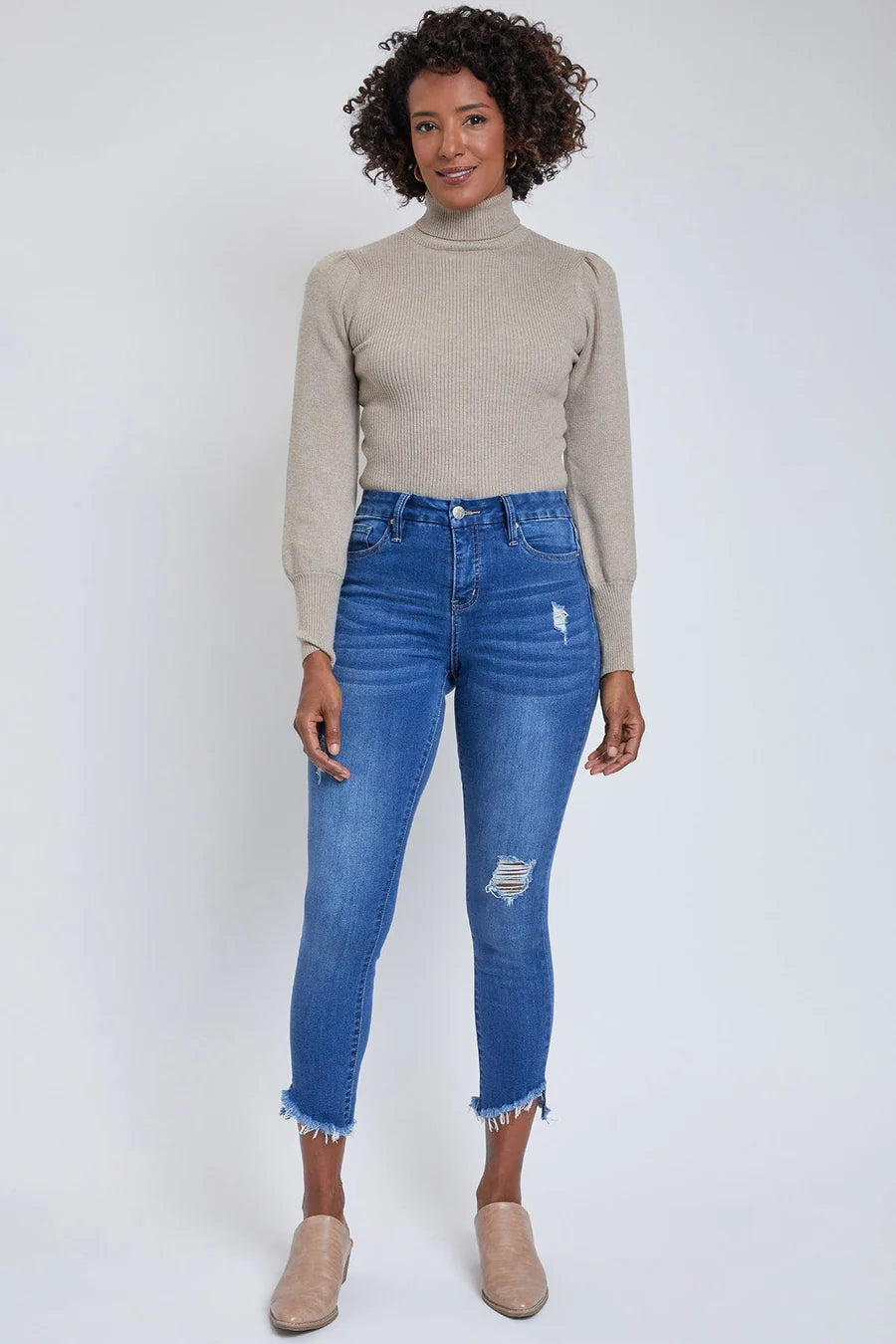 High rise slanted ankle distressed YMI jeans