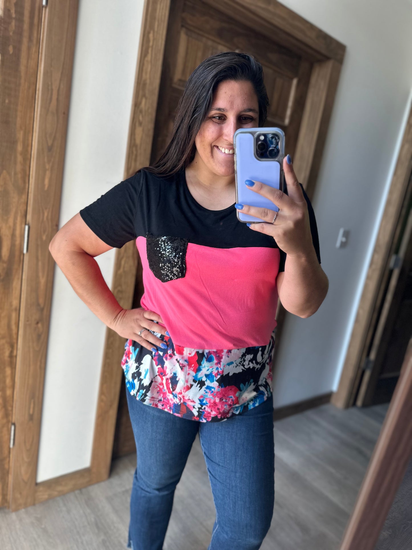 Pink Colorblock Floral Glitter Pocket Tee