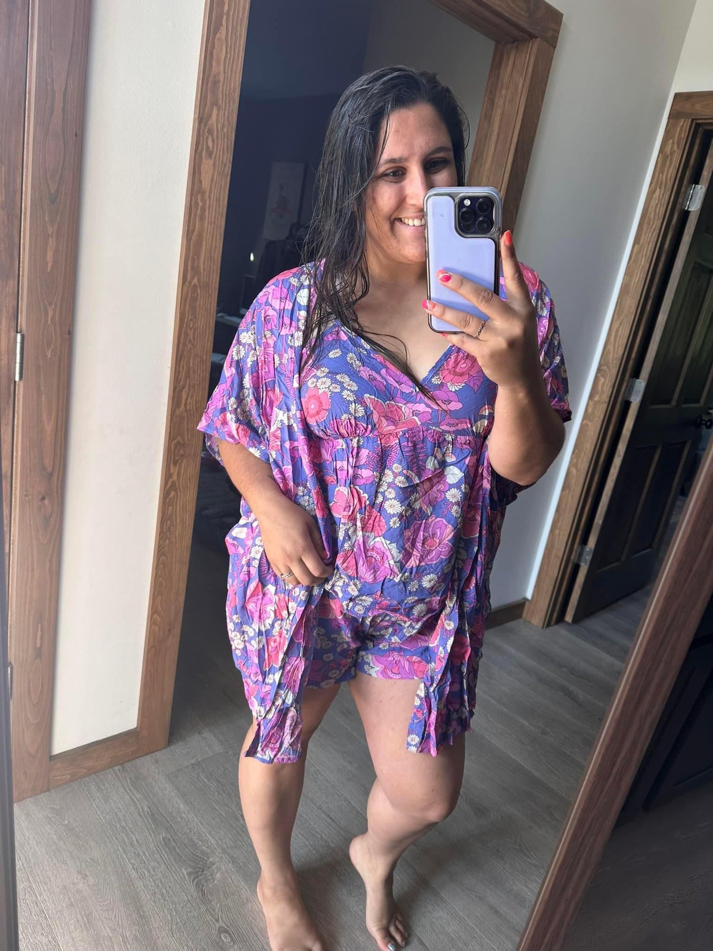 Purple Floral 3 Piece Set - Kimono / tank / shorts