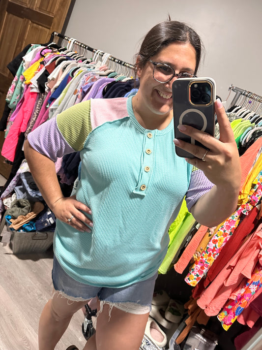 Bright Blue Color Block Sleeve Top