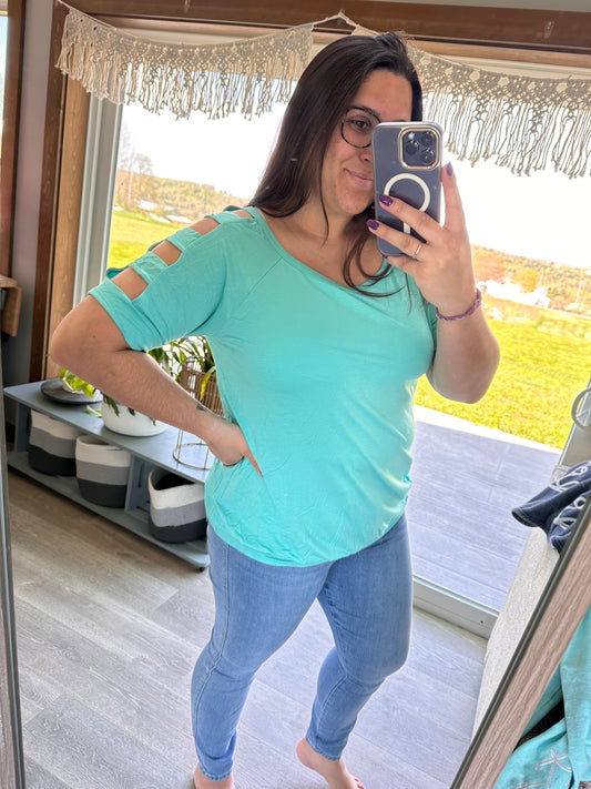 Mint Cold Shoulder Top