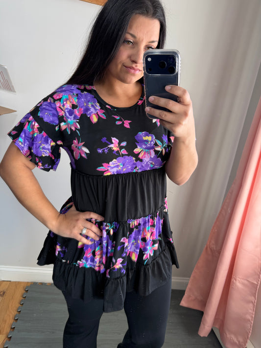 Purple floral and black colorblock ruffle top