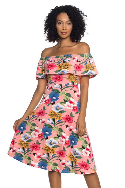 Peach Off Shoulder Floral Dress