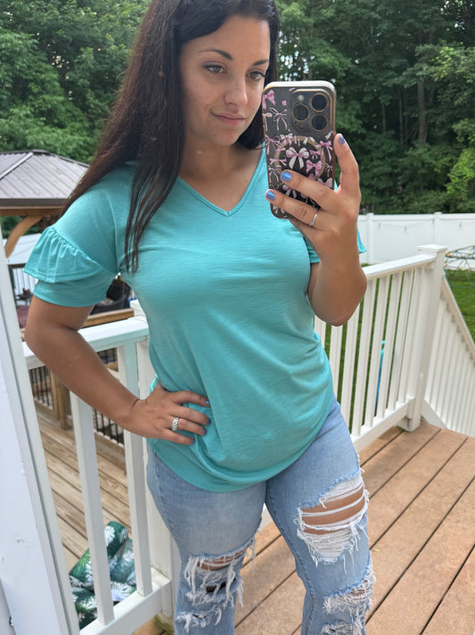 Mint ruffle sleeve top