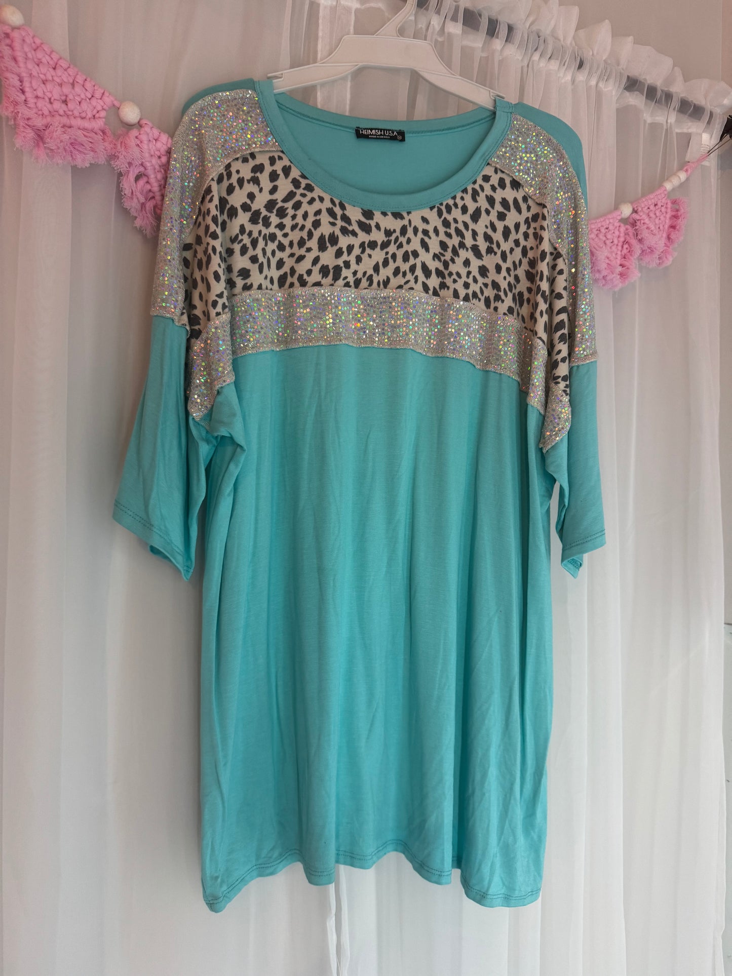Mint cheetah glitter top
