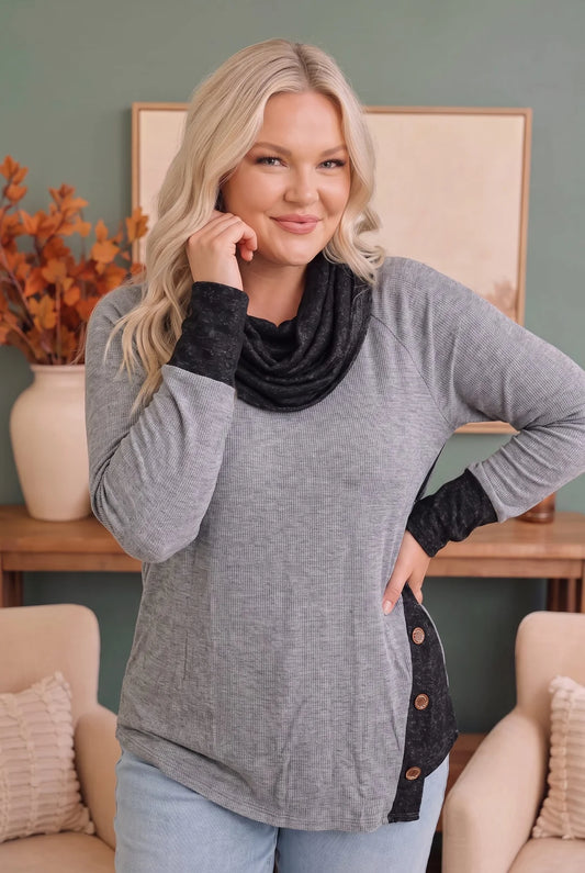 Grey Button Cowl Long Sleeve