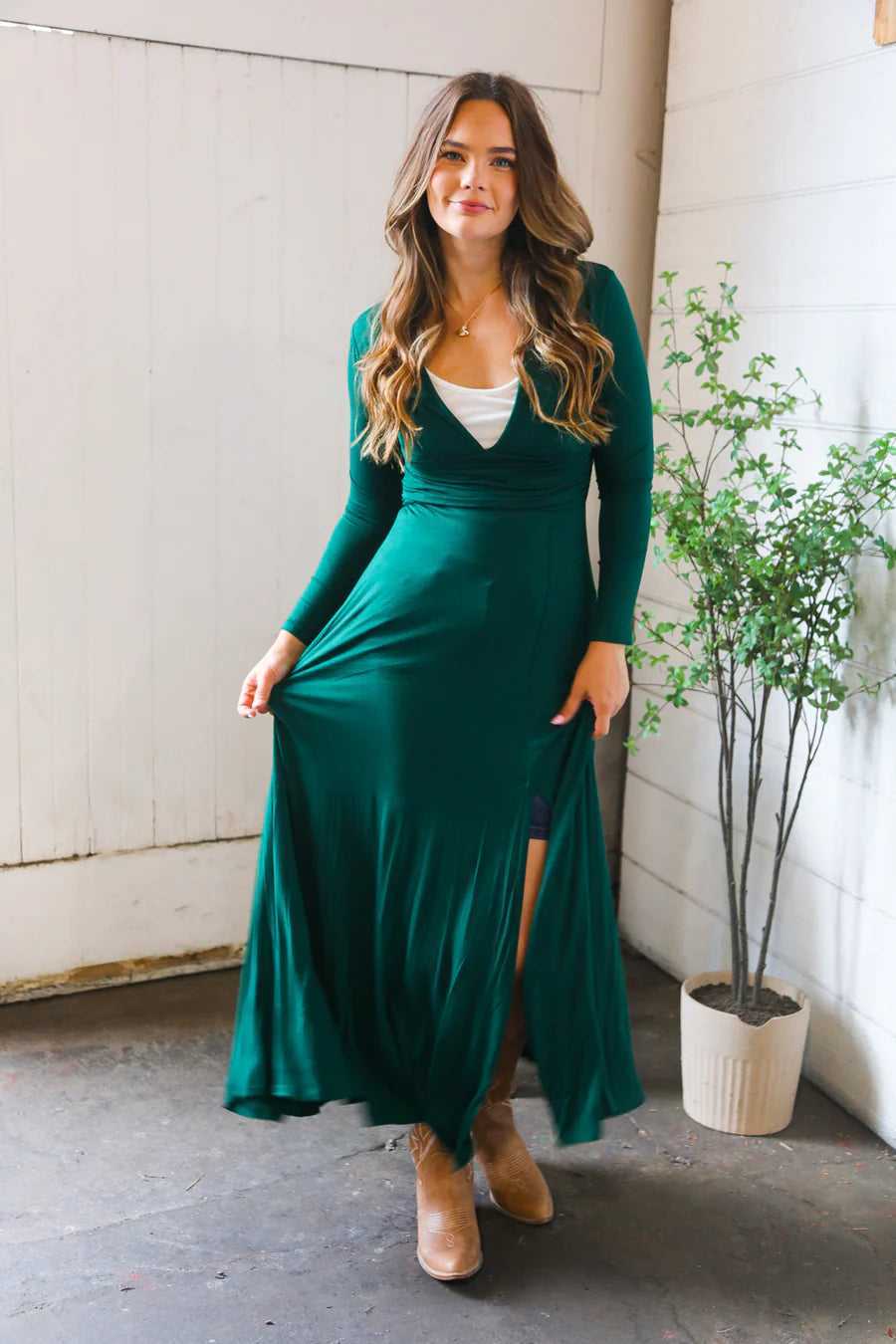 Hunter green slit maxi dress