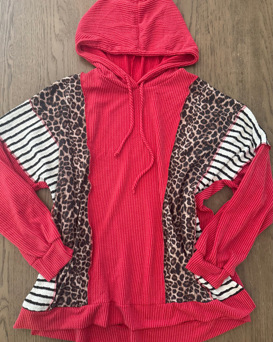 Red cheetah stripe ribbed hoodie