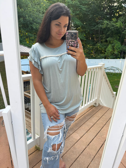 Blue grey pom ruffle sleeve top