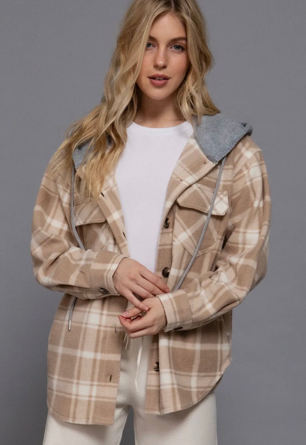 Tan Plaid Hooded Shacket