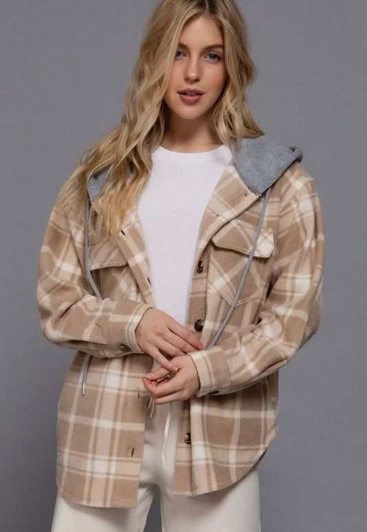Tan Plaid Hooded Shacket