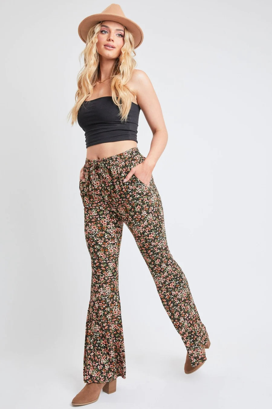 Black pink floral flare pants