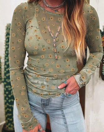 Olive flower Mesh Long Sleeve