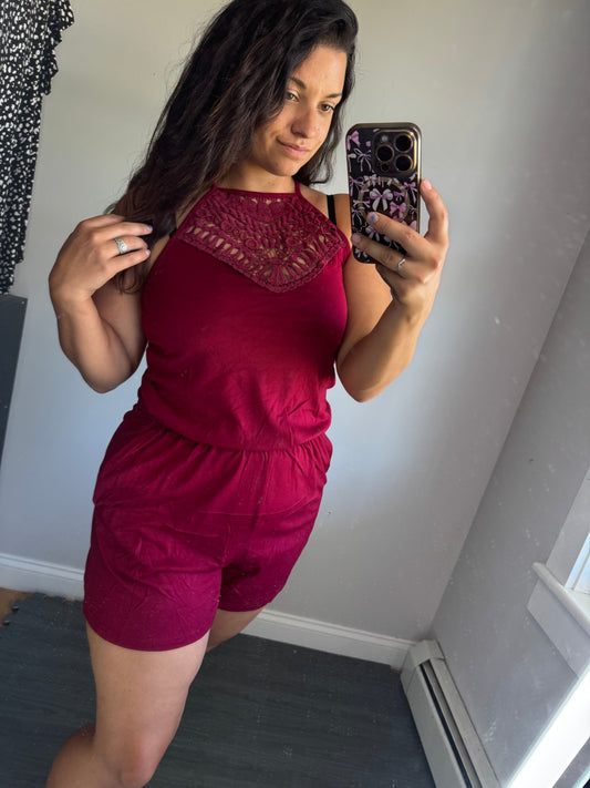 Red lace neck romper