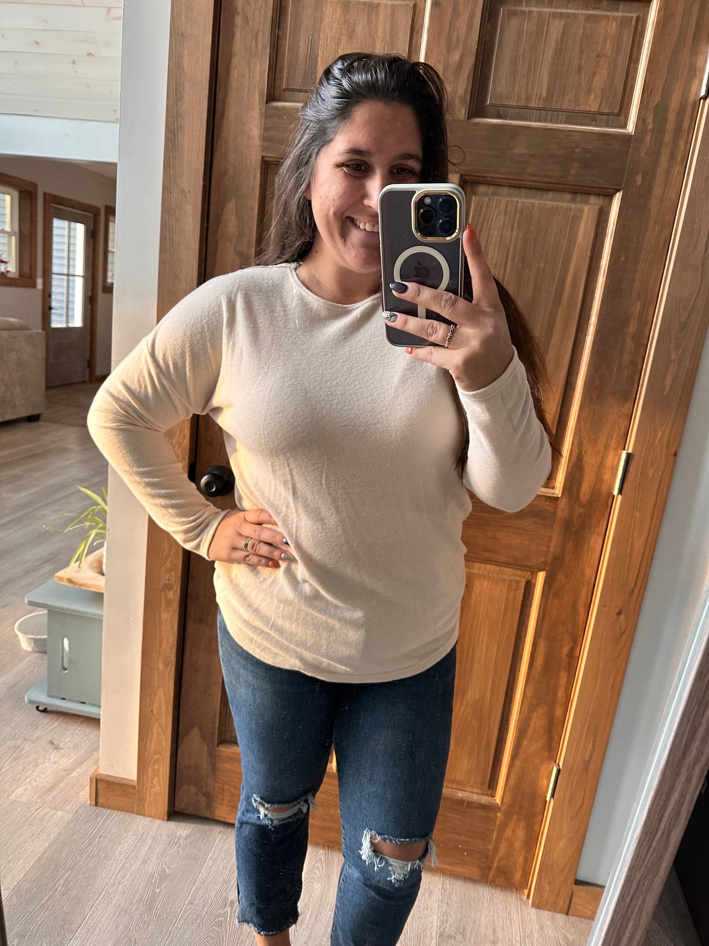 Oatmeal Lace Trim Back Long Sleeve