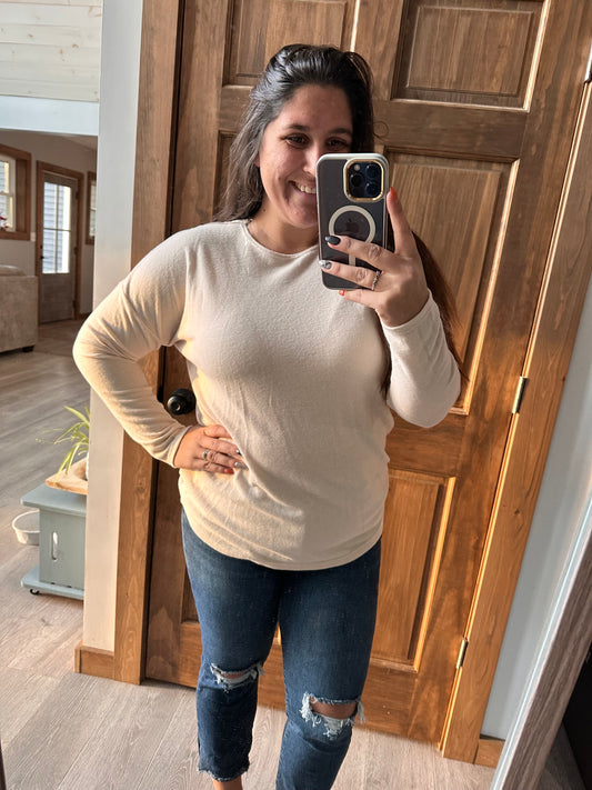 Oatmeal Lace Trim Back Long Sleeve