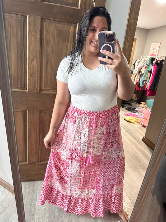 Pink Floral Patchwork Maxi Skirt