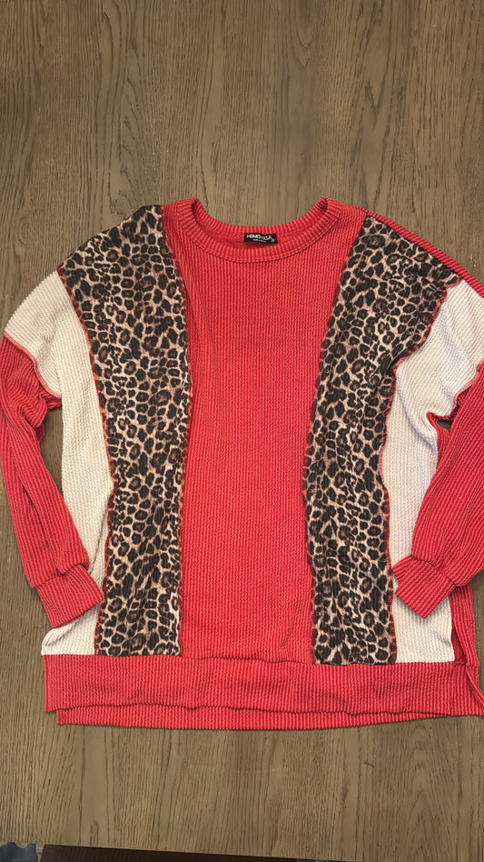 Red/cream/ cheetah ribbed long sleeve