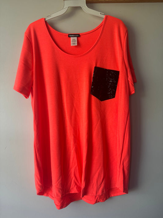 Neon coral sequin pocket top