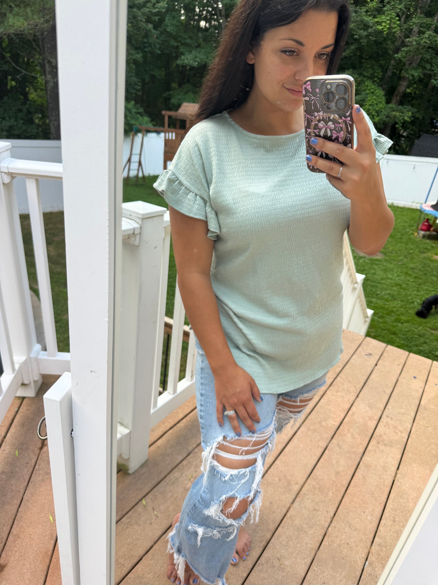 Sage ruffle sleeve top