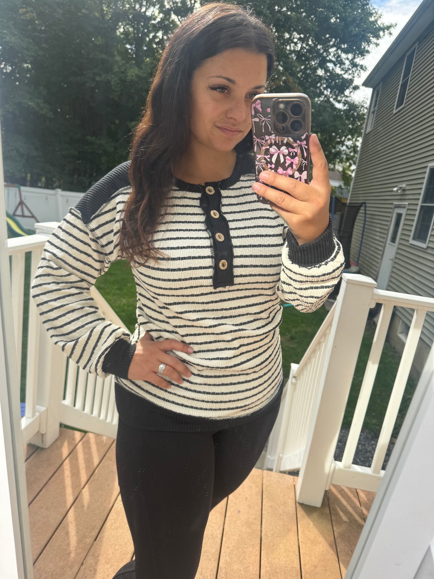 Black and white stripe button top