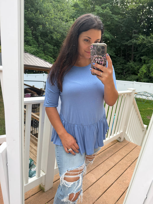 Baby blue ruffle hem top
